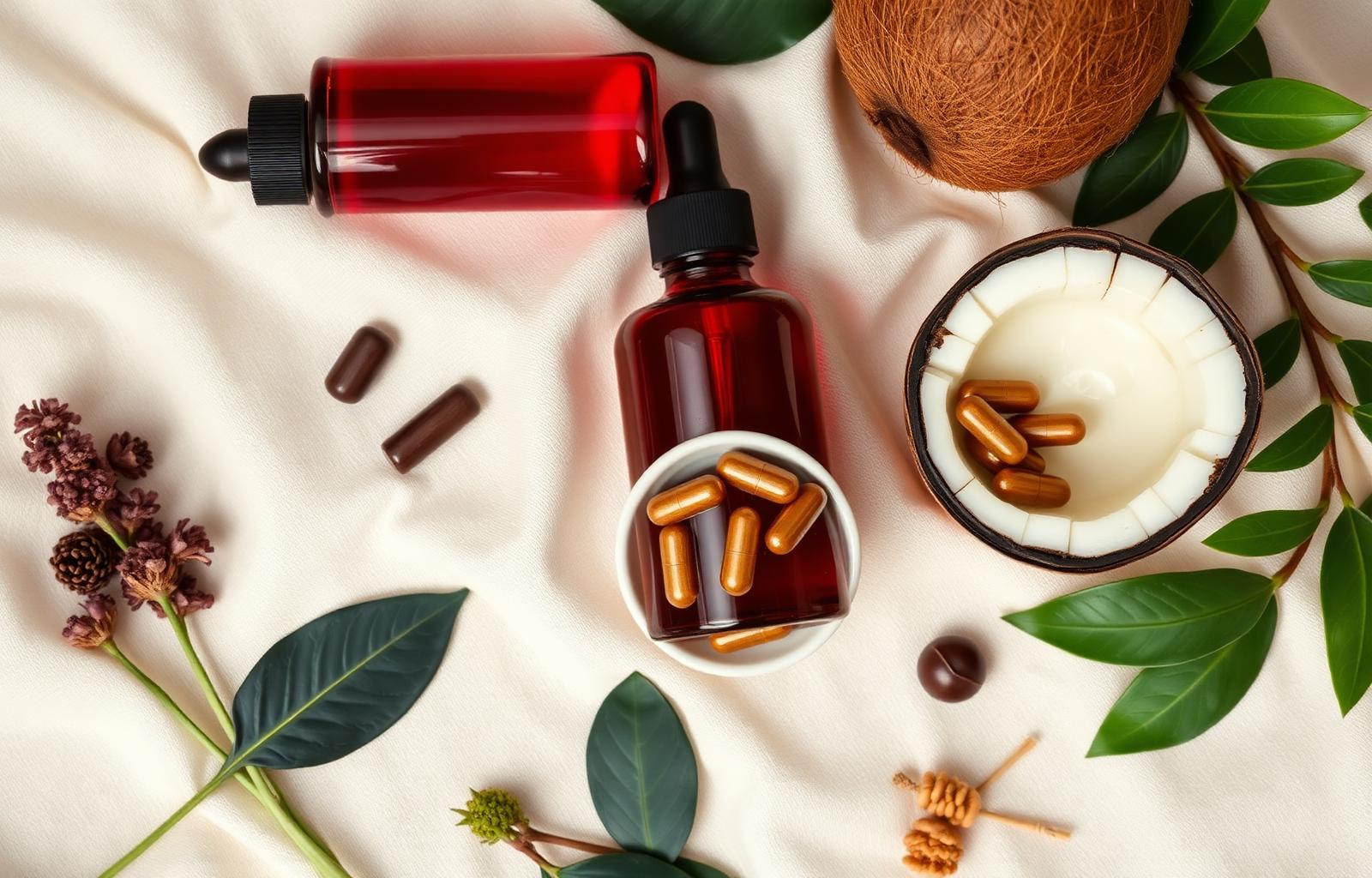 Natural hair care ingredients flat lay